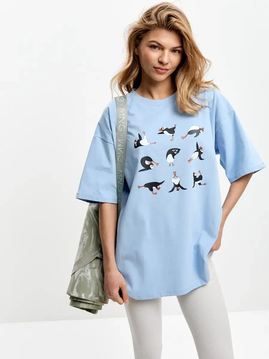 High Quality Soft Cotton Sky Blue T-shirts Funny Yoga Puffins Print Oversized Tees Cute Arctic Bird Light Blue Casual Tee Sweet