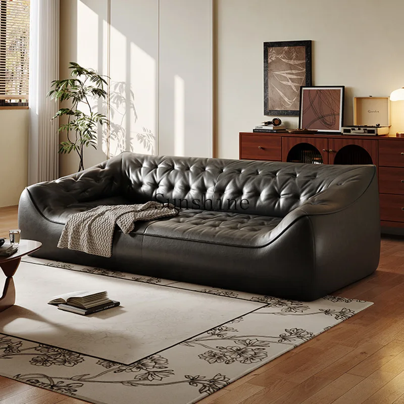 Retro style oil wax first layer cowhide three-person small apartment straight row bean bag sofa