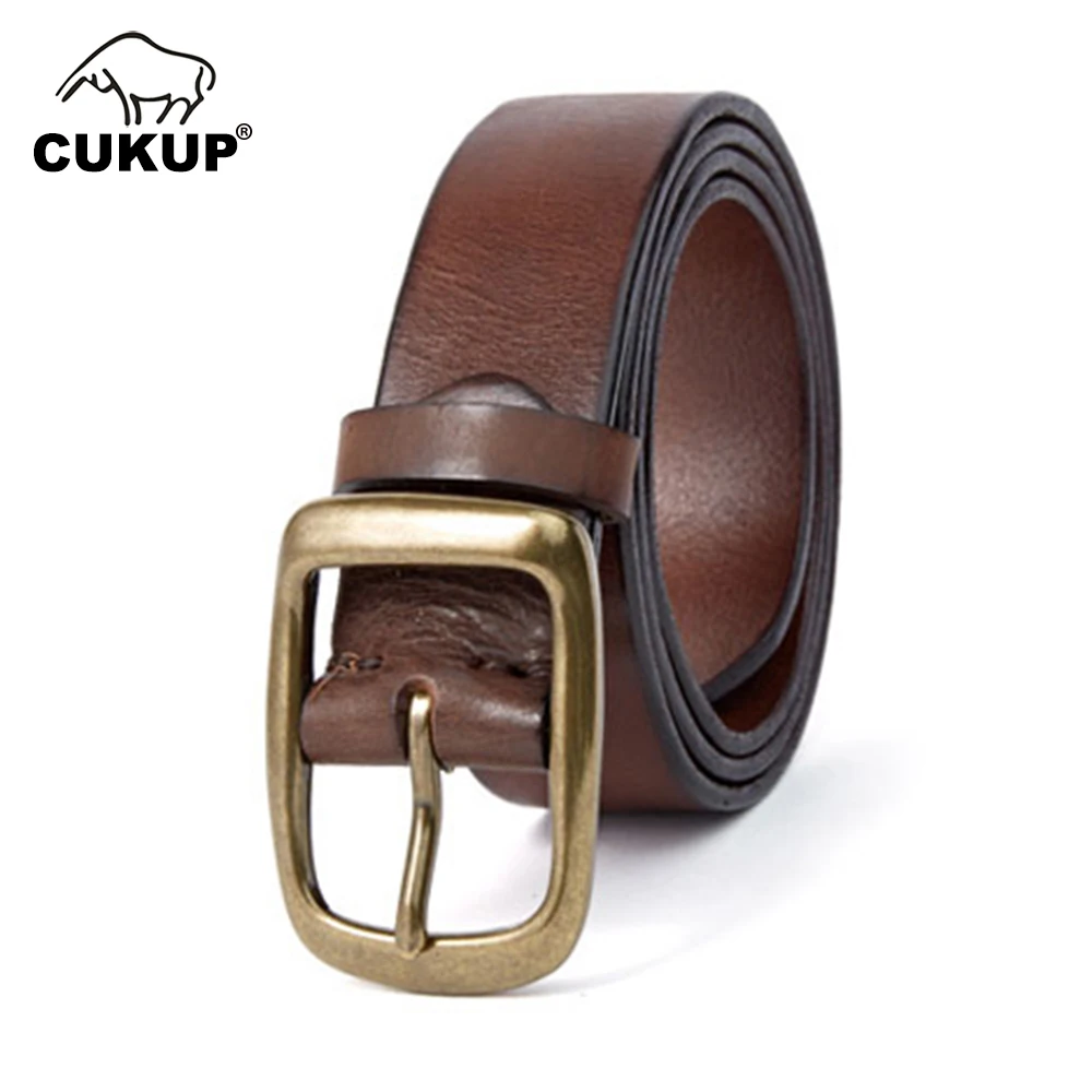 

CUKUP Top Quality Pure 1st Layer 100% Cow Belt Male Leather Solid Brass Buckle Metal 32mm Wide Vintage Water Wash Accessories