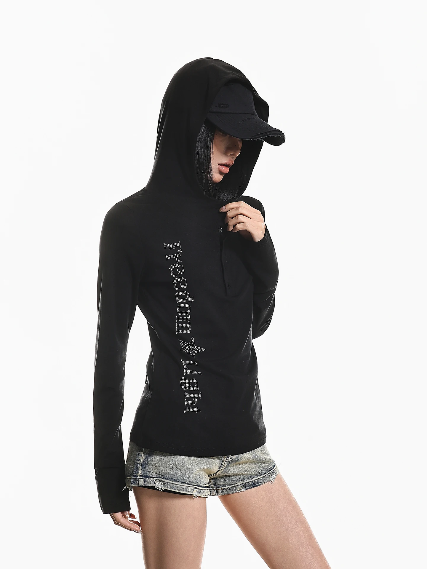 

American Retro Letter Rhinestone Half Open Cardigan Hooded Long Sleeve T-Shirt Women's Spring High Street Shoulder Fit Top