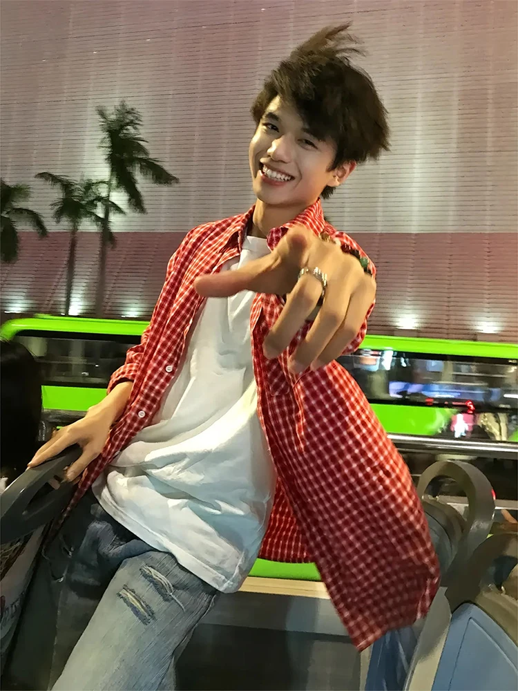 

Cleanfit Red Plaid Long Sleeve Shirt Men's Spring High Sensation Loose Korean Style Outerwear Standard Fit Youthful Daily Wear