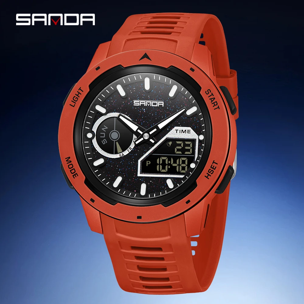 SANDA New Men's Fluorescent Waterproof Dual Display Outdoor Sports Watch TPU Strap Large Plate Timing Calendar Watch Men's Model