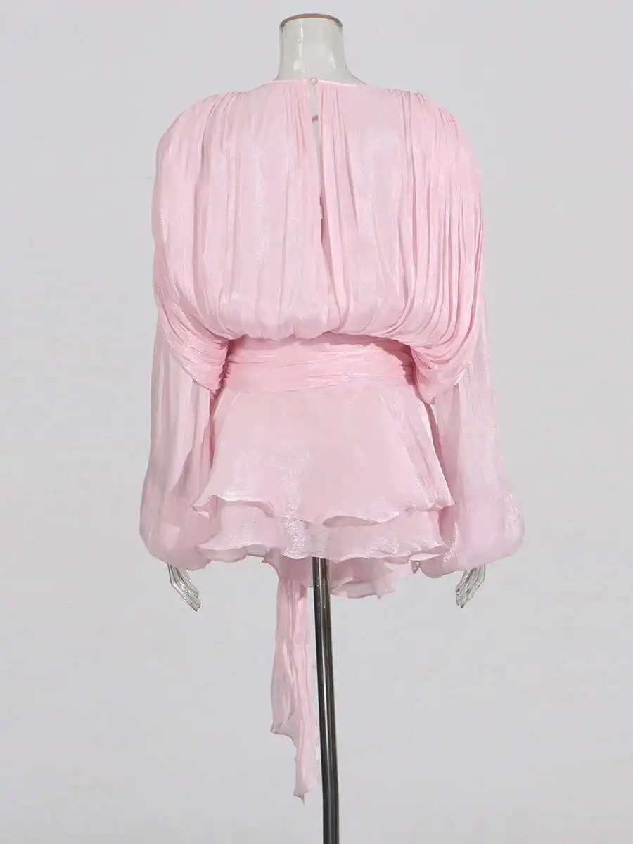 Minivestidos lisos de retazos con cordones para mujer, vestido de diseñador de cintura alta y manga larga con cuello redondo, estilo de moda femenina, malla transparente P4A