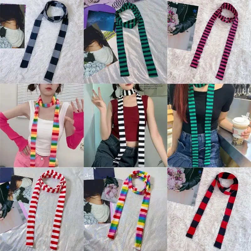 

Punk Striped Thin Scarf Women Long Decorative Scarf For Dress Coat Antumn Winter Neck Scarf Fashion Y2K Female Scarves