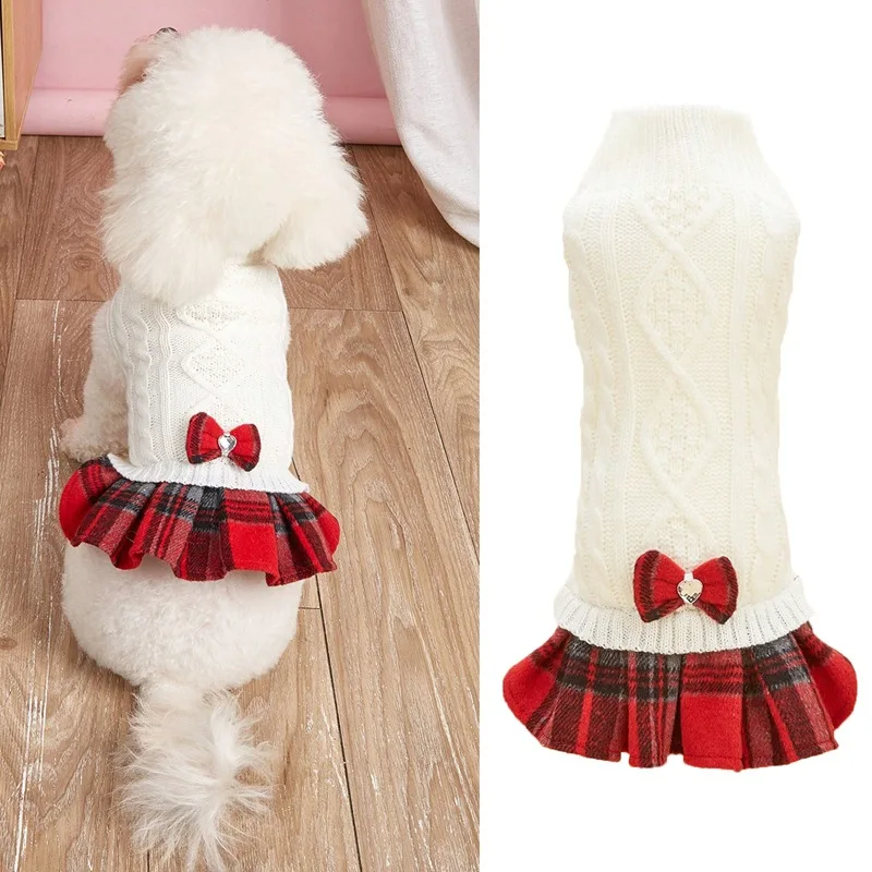 Pet Fur Dress White Gray Knitted Sweater Spliced Bow Plaid Skirt Woolen Coat Sweater Dog Christmas Clothes Puppy Clothes