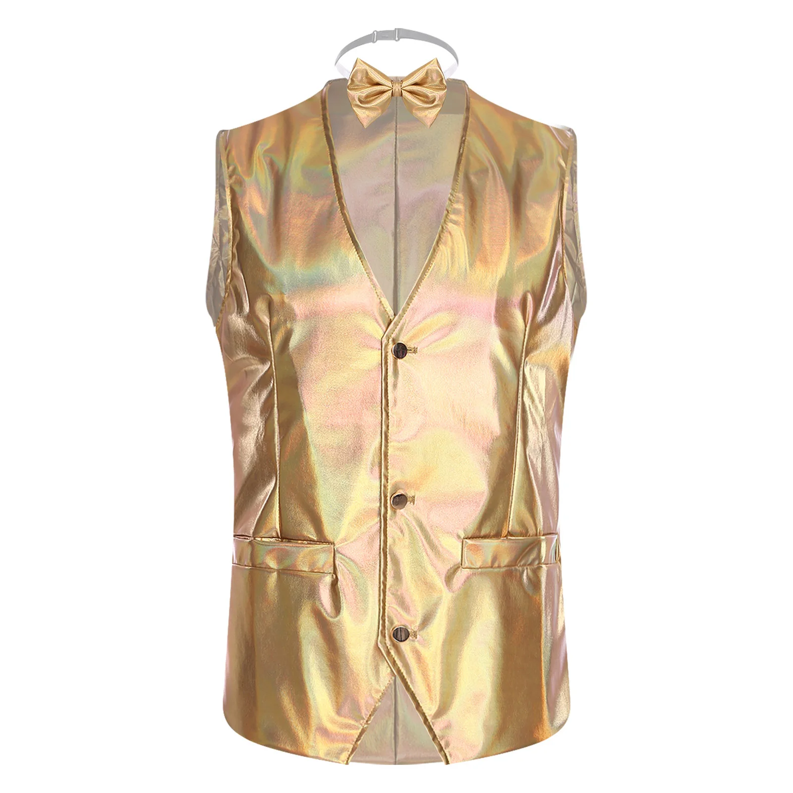 

Retro Men's Vest with Bow Tie 70s Inspired Shiny Fabric Elegant V-Neck Unique Pointed Hem for Disco Parties Dance Performances