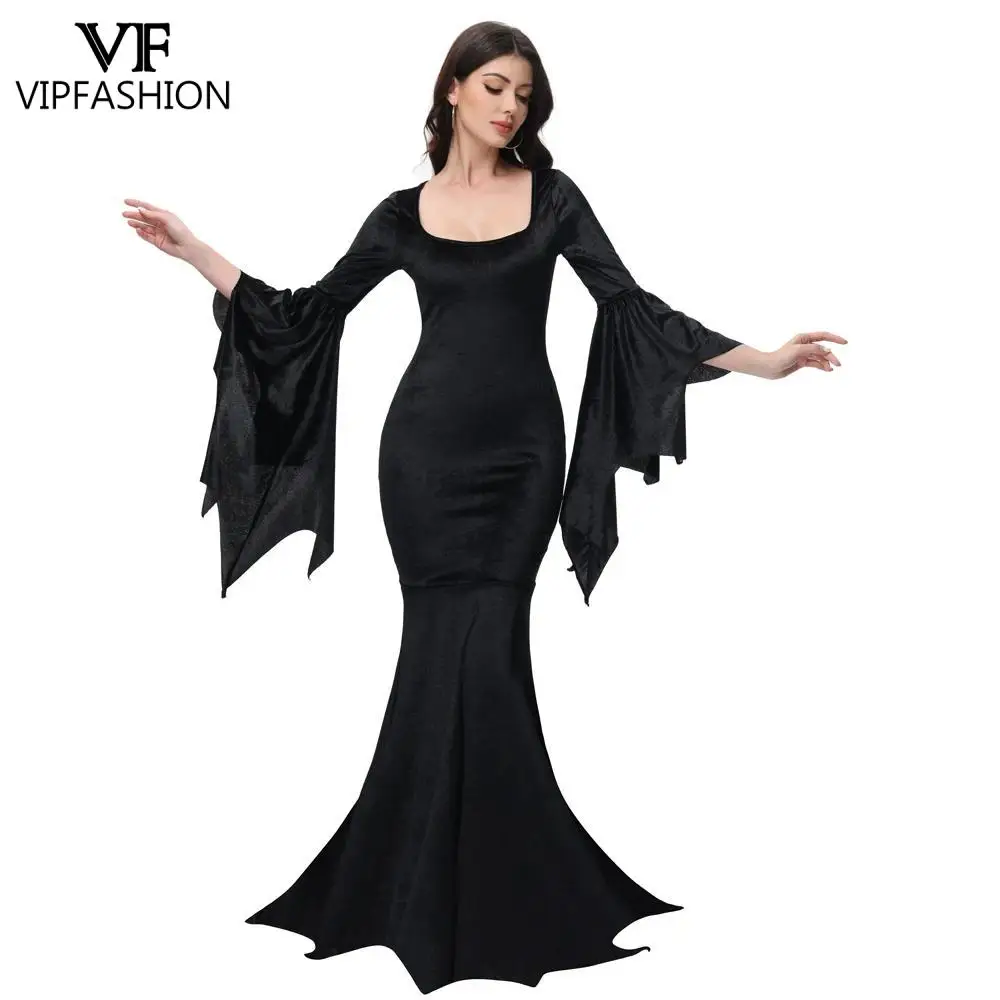 VIP FASHION Women Witch Dresses Gothic Fishtail Dress Flared Sleeve Cosplay Party Bodycon Dress Carnival Purim Halloween Clothes