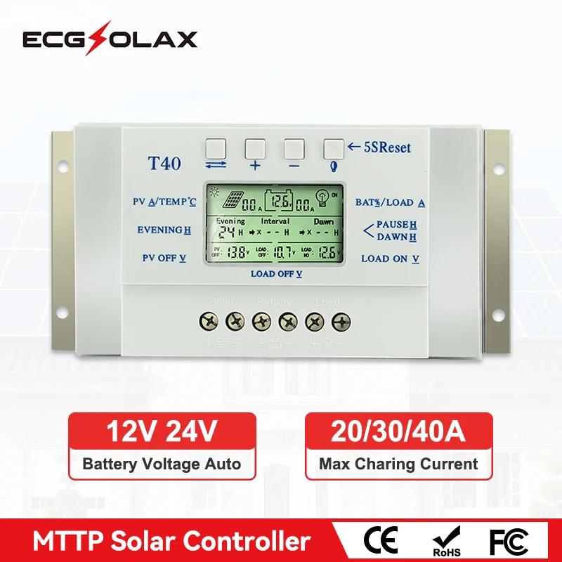 ECGSOLAX 20A 30A 40A MPPT Solar Charge Controller 12V 24V Auto Solar Panel Regulator With Load Dual Timer Control PV Max 48VDC