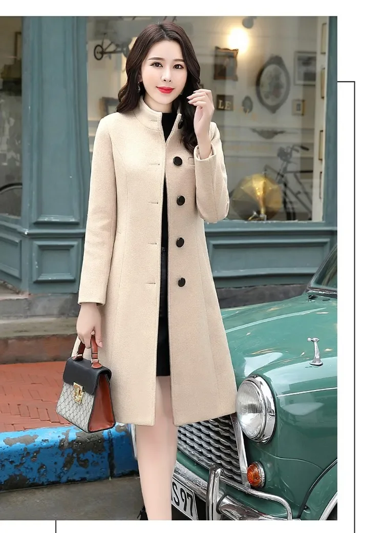 Women Woolen Coat Long Sleeve Autumn Winter Slim Fit Buttons Woolen Coat Elegant Women Overcoat for Office