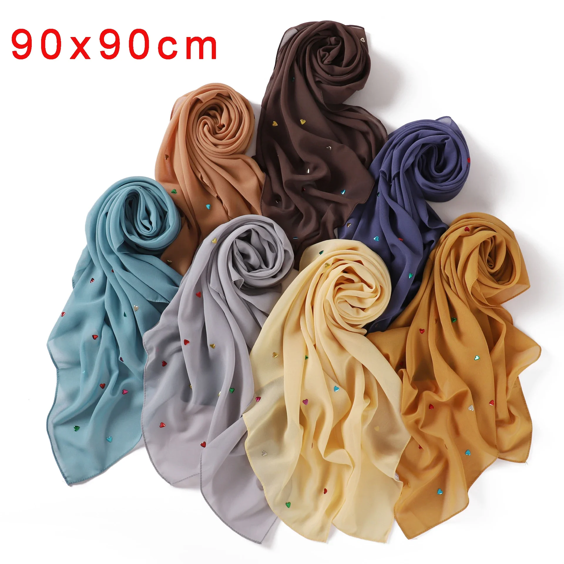 

Шарф-платок из шифона 90x90 см, мусульманский хиджаб, с камнями, однотонный, бандана, повязка на голову, тюрбан для женщин