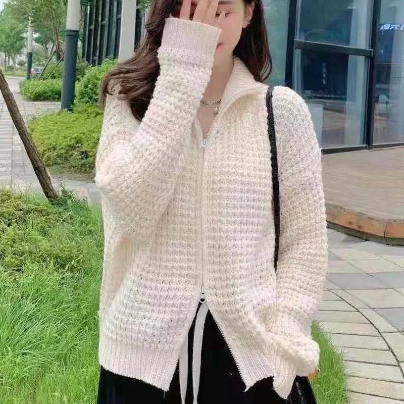 Generous Collar Zipper Mesh Knitted Cardigan Jacket for Fall Winter 2022 Korea Style Leisure Design Short Loose Sweater Cardigan