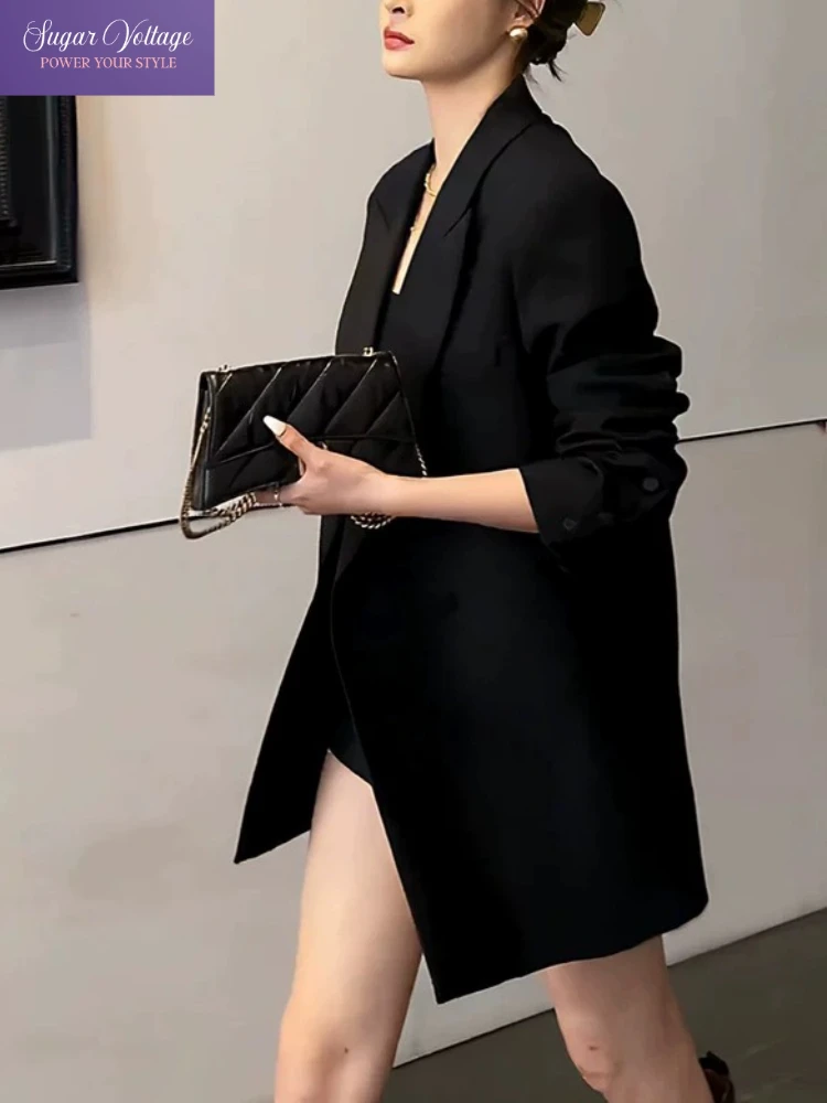 Cappotto blazer slim fit elegante moda coreana da donna con scollo a V manica lunga doppio petto cappotto nero casual blazer stile ufficio