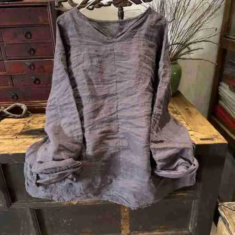 ฤดูใบไม้ผลิฤดูร้อนใหม่ศิลปะสไตล์ผู้หญิงแขนยาว V คอหลวม TShirt VINTAGE ผ้าฝ้ายลินิน TEE เสื้อ Femme Tops คุณภาพสูง 1415