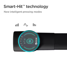 Detalhe da tecnologia Smart-Hit em uma pistola de massagem Booster com ícones de diferentes modos