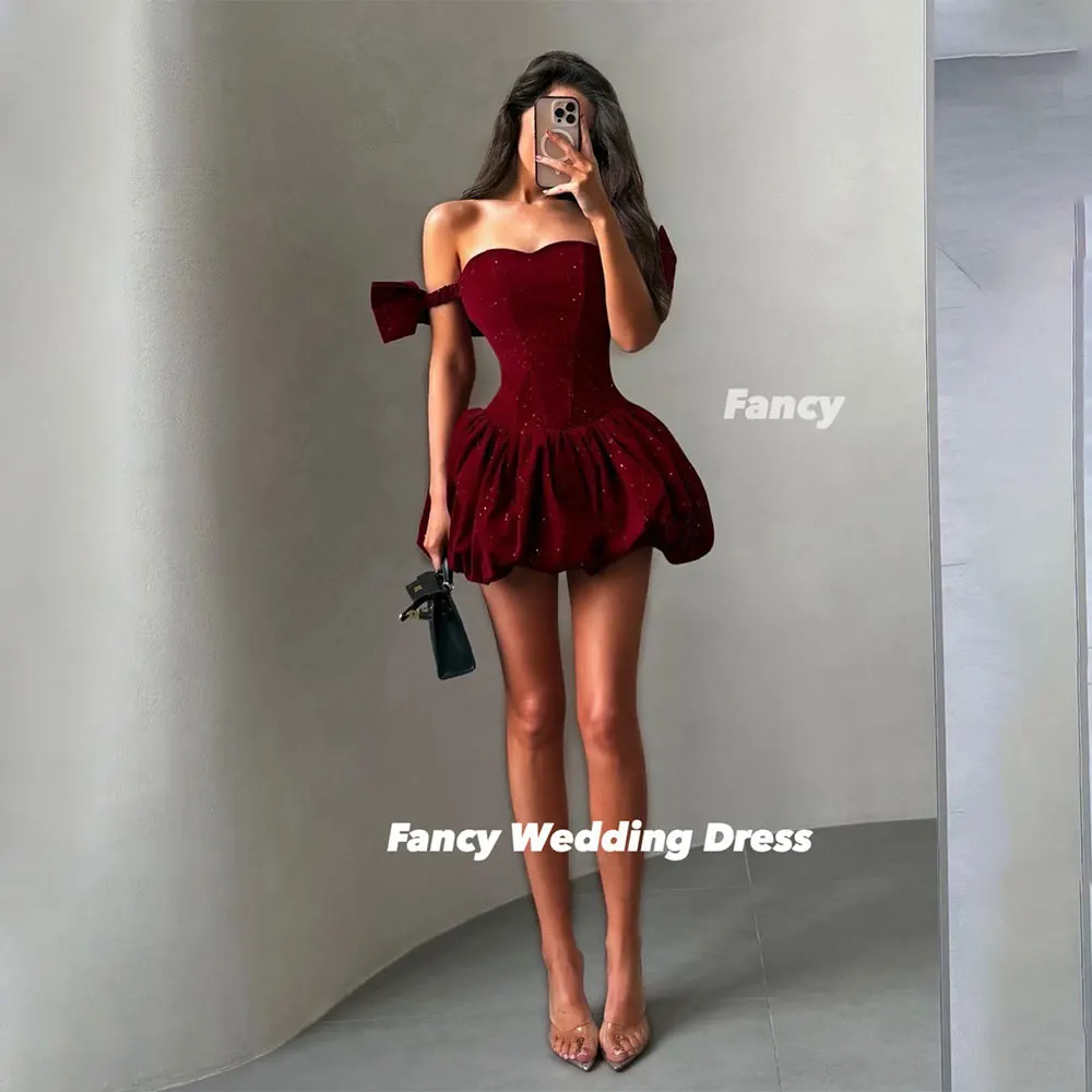 

Fancy Sexy Red Off Shoulder Wedding Dress Saudi Arabia Women Prom Gown Mini Short Back Corset Saudia Rabia Dresses Customized
