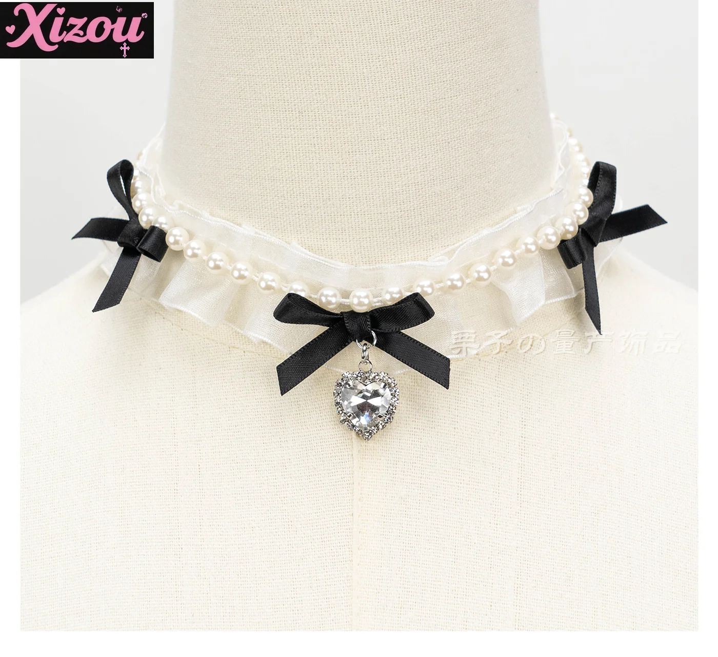 

Japanese Lotus Leaf Pleated Yarn with Pearl Bow Mass Production Type Love Rhinestone Pendant Collar Necklace Lolita Accessories