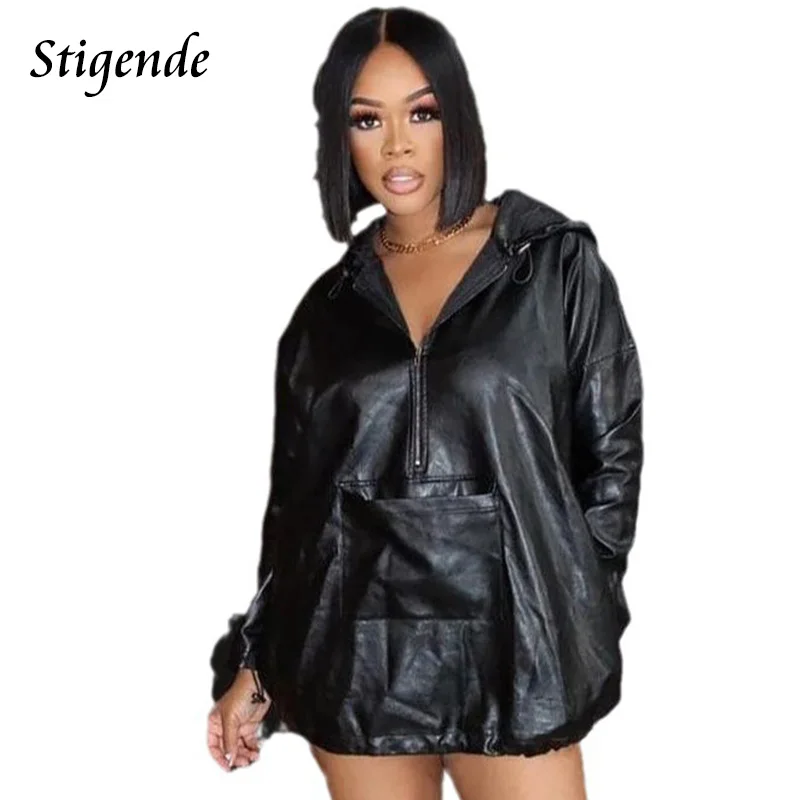 Stigende Long Sleeve Loose Drawstring Pocket Hooded Women Zipper Up Pu Leather Hoodie Patchwork Straight Black Pullover Top