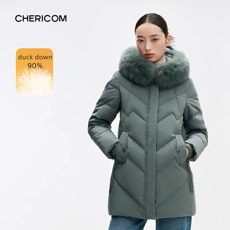 Chericom Mid Long Fox Fur Collar Women's Winter Down Jacket Hooded Zipper Warm Thick Overcoat Solid Simple Padding Jacket 299310