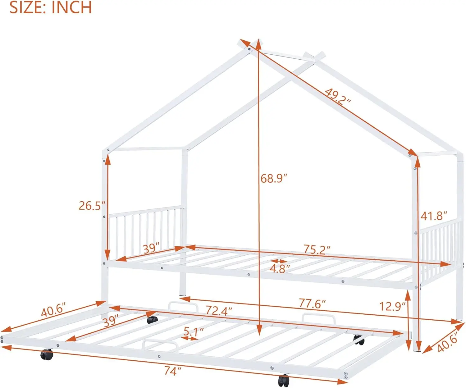 Casa de piso de Metal de tamaño doble, marco de cama con Trundle para dormitorio, niños, niñas, adolescentes