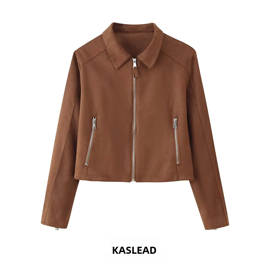 KASLEAD Women's Suede Jacket Zipper Short Coat Turn-down Collar Outerwear Long Sleeve Polyester Fiber Autumn Fashion