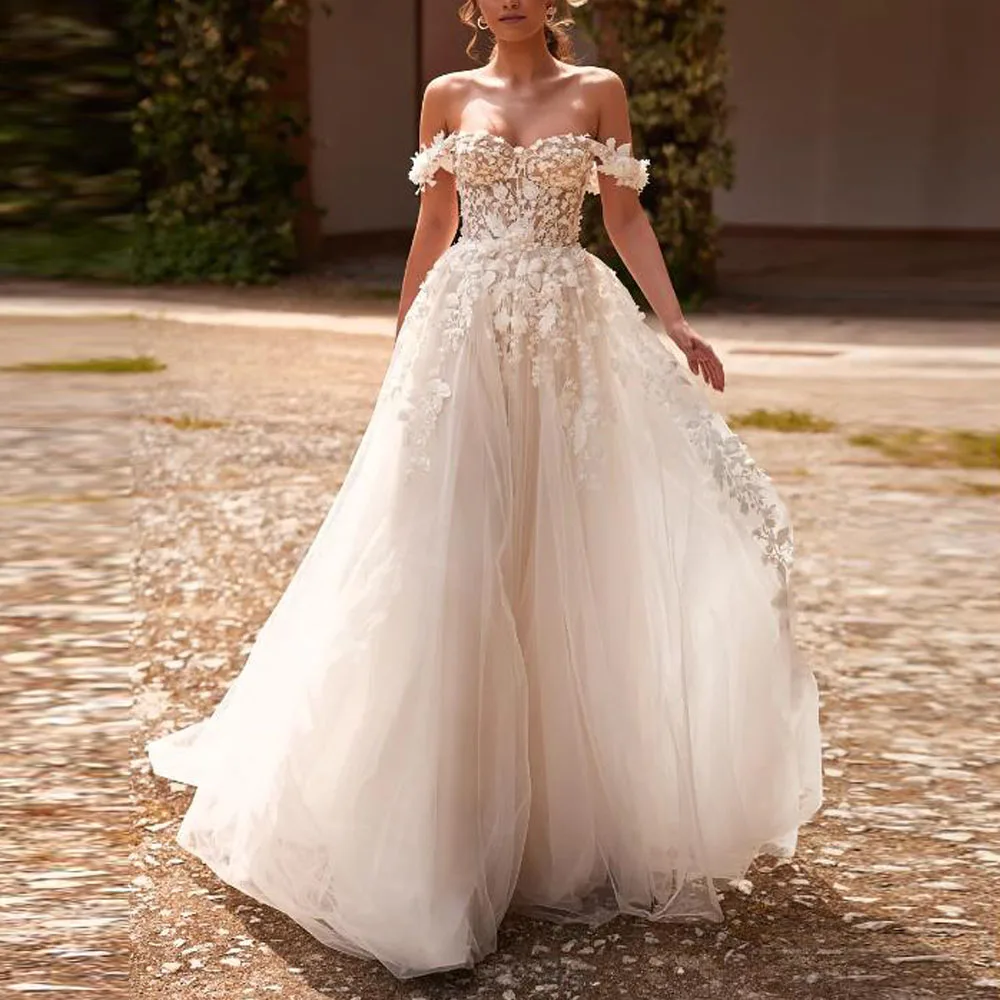 Customized Floral Lace Boho Wedding Dresses for Bridal Off the Shoulder Summer Bride Gown Ivory Minimalism Wedding Gowns