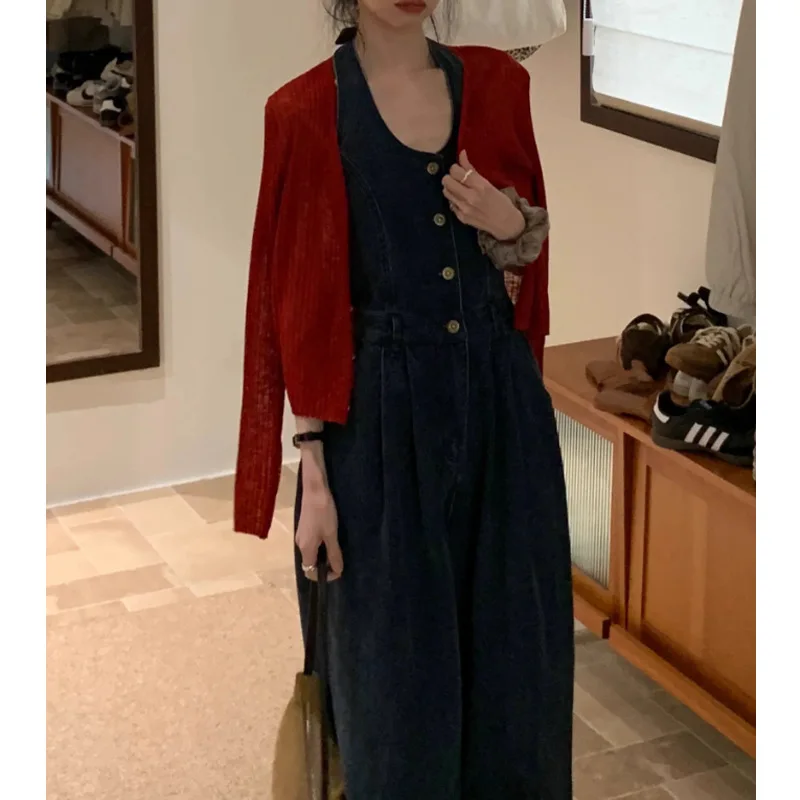 Soft Korean-style Retro Hong Kong-style Slimming Neck-wrap Denim Suspenders One-piece Pants for Women, New Style Long Pants