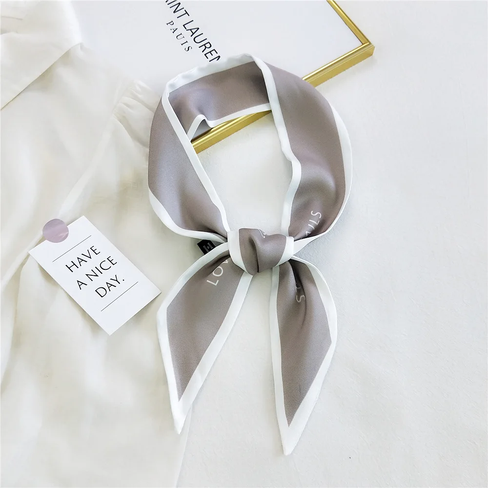 Women Hair Scarf Fashion Narrow Long Scarf Elegant Satin Silk Bow Tie Letter Print Bag Ribbon Headband Scarves Foulard Cheveux