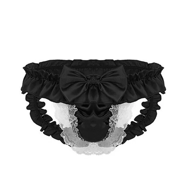 เร้าอารมณ์ผู้ชายชุดชั้นใน Sissy น่ารักหวานซาติน Bowknot Jockstrap เซ็กซี่ Lace Ruffled Hollow Out กางเกงสัมผัสก้นโป๊ทอง
