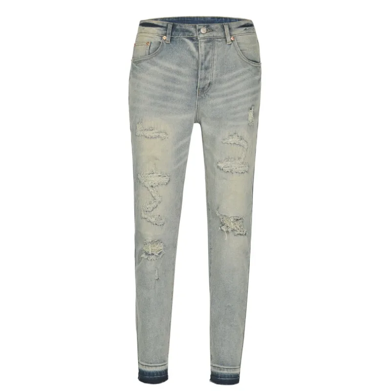 New Men American Distressed Ripped Patched Stretch Skinny Jeans Slim Fit Personality Casual Streetwear Denim Long Trousers