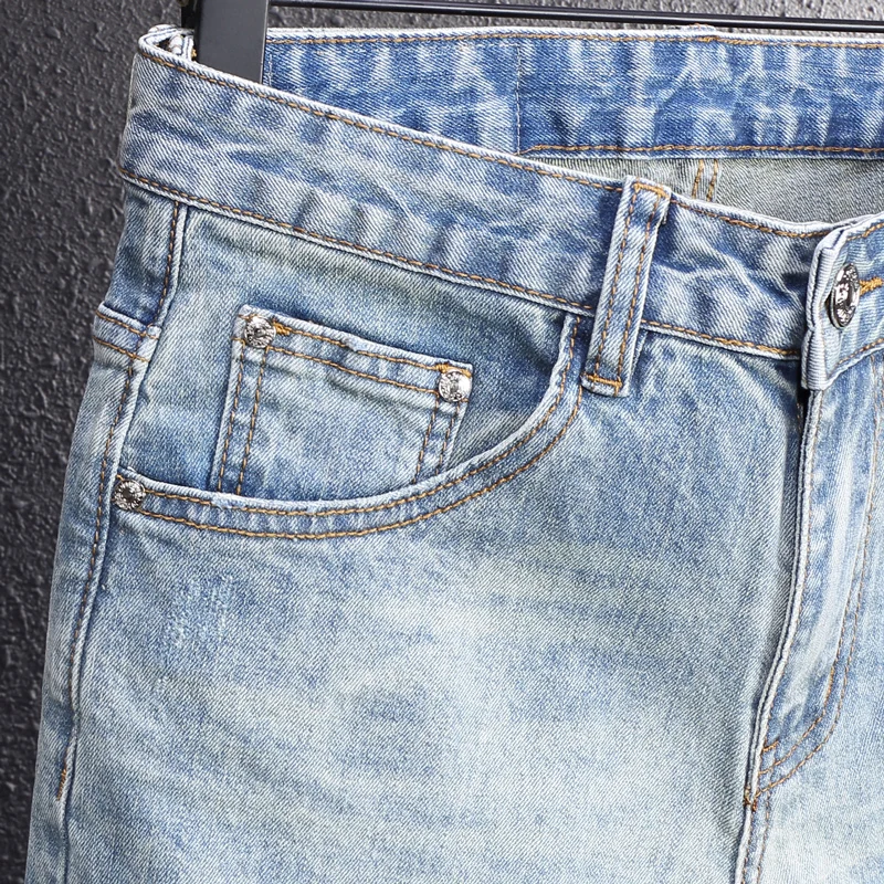 

Italian designer's new fashionable embroidered jeans stretch slim retro light blue men's jeans hombre