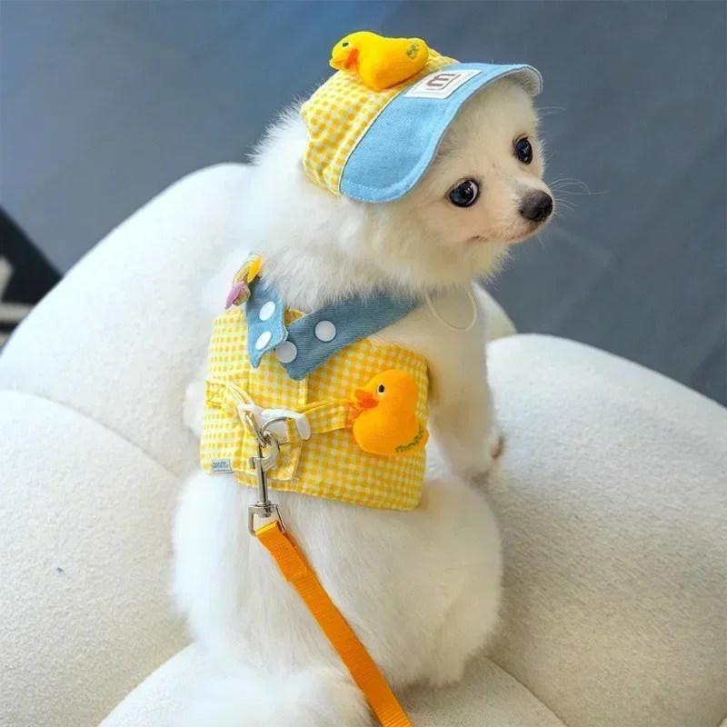 1/Set Fries Pet Harness Traction Rope Pet Wire Rope Pulling Cute Hat Three Piece Puppy Clothes Outgoing Pulling Harness Leash