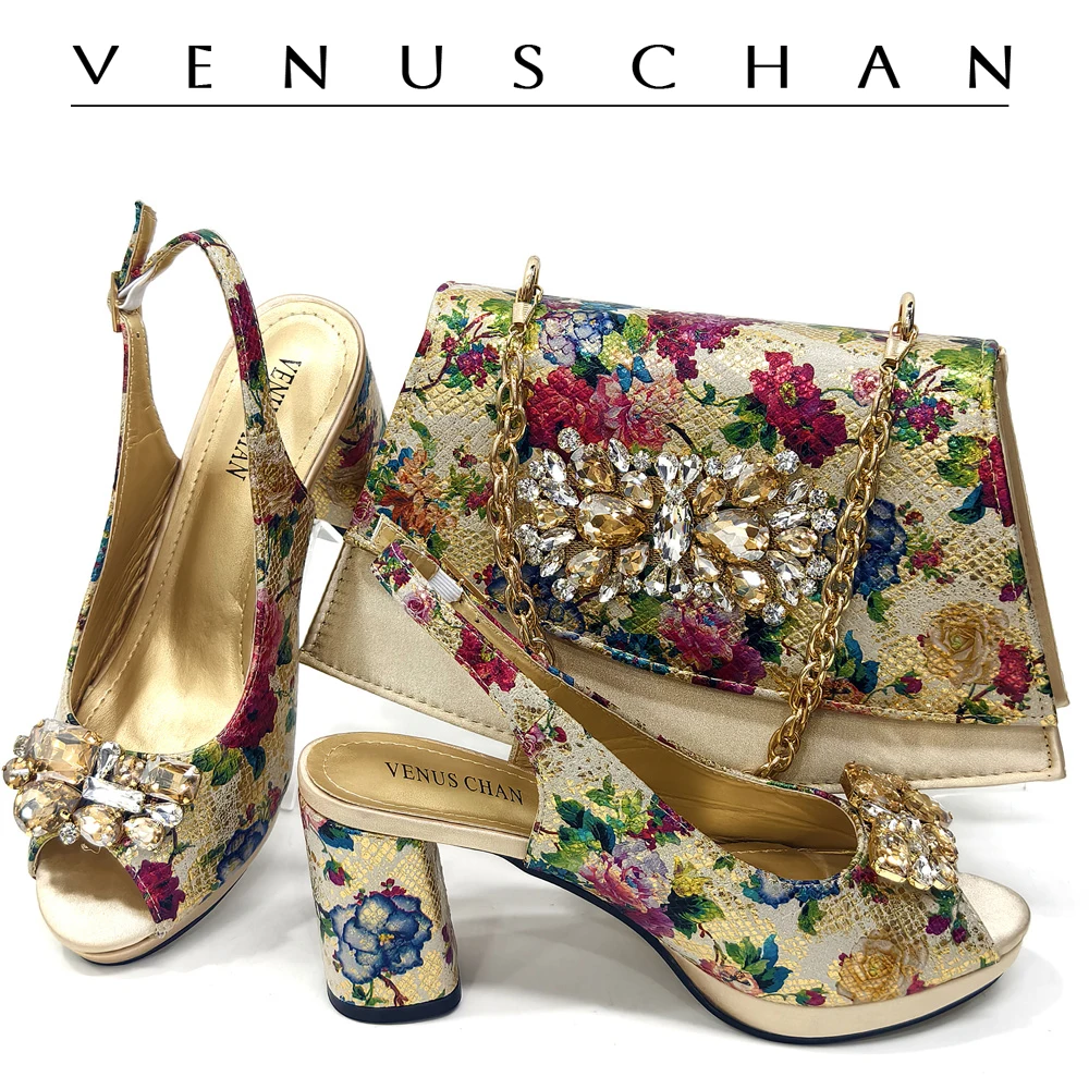 Venus Chan Italian Sandals and Bags Matching Set 2024 Women Heel Party for Gold Colour Wedding Bigger Size Thick Heel Shoes