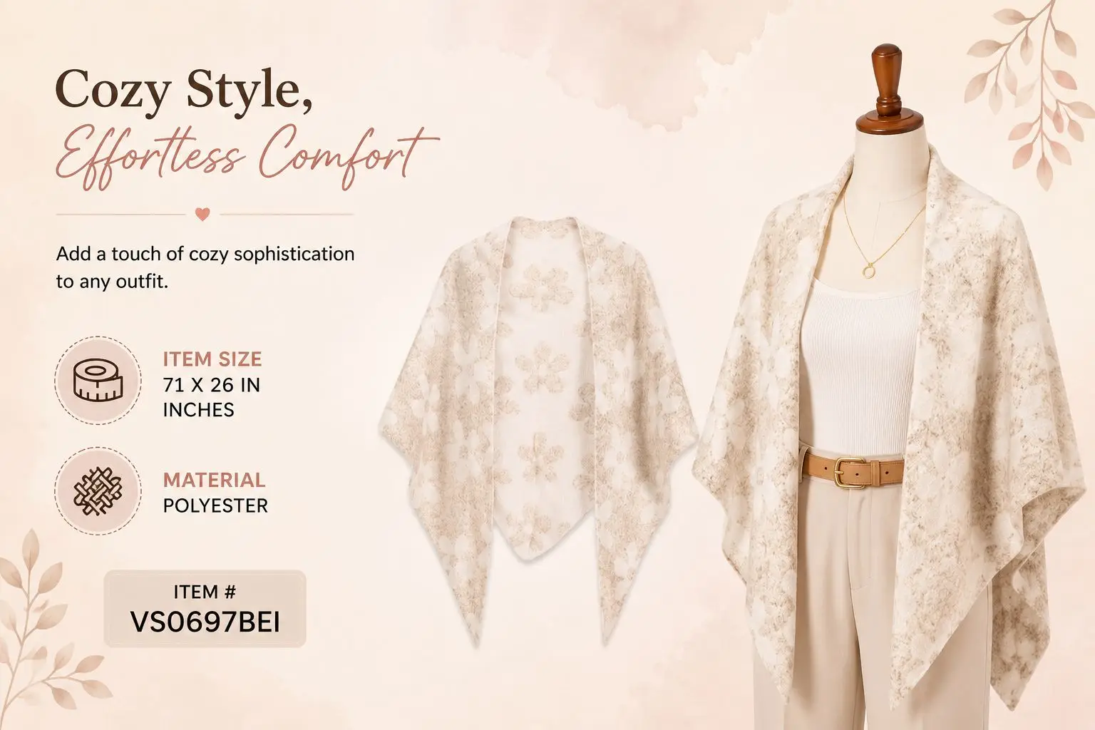 Women Beige Floral Print Shawl Wrap Open Front Polyester Poncho Cape Lightweight Elegant Fall Winter Outerwear Scarf for Ladies