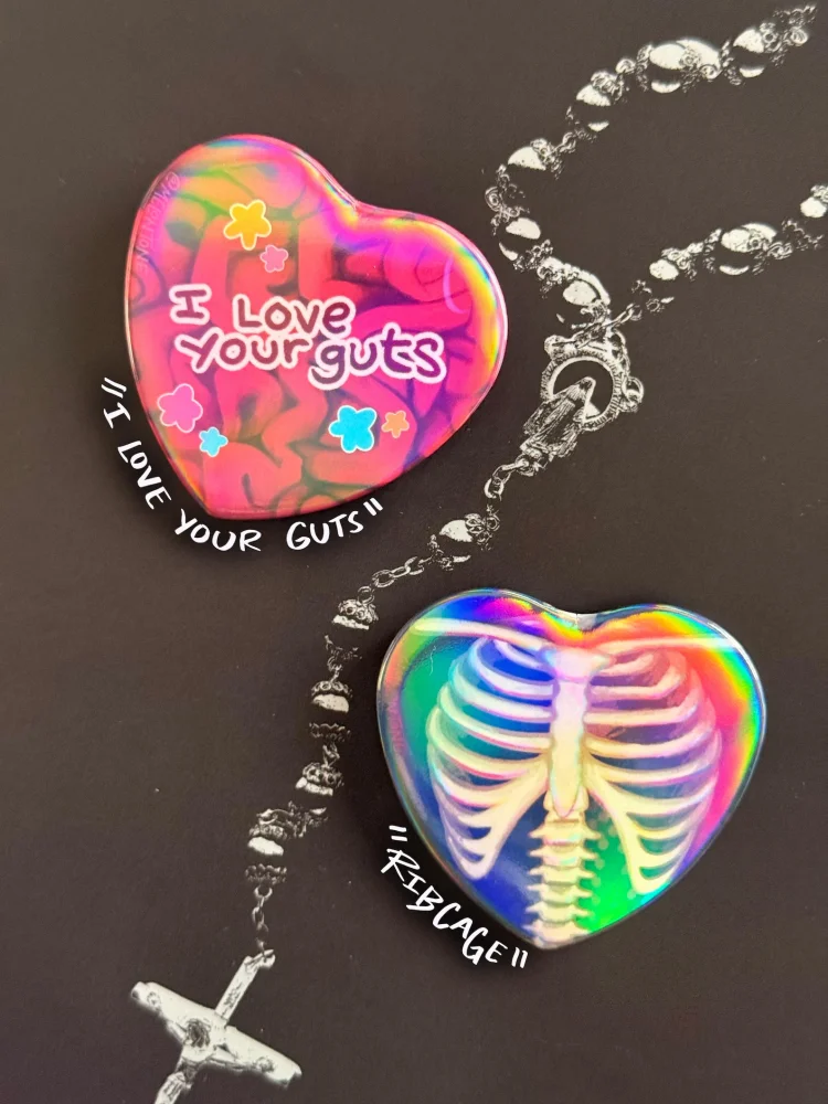 Heart Shaped Holographic Button Pins Cute Anime Skeleton Brain Pattern Heart Badge Kawaii Decor Backpack Lapel Pin Gift for Fans