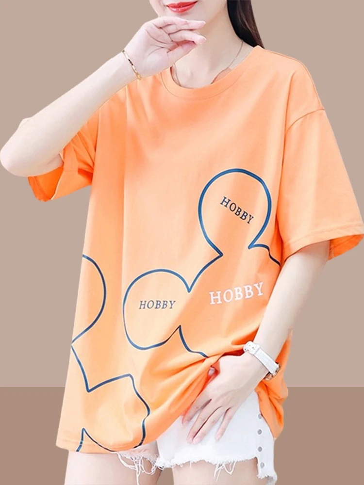 Cool Pure Cotton Loose T-Shirt Women's Summer New Style Casual Mid-Length Short-Sleeve round Neck Cotton Tee Commute Style