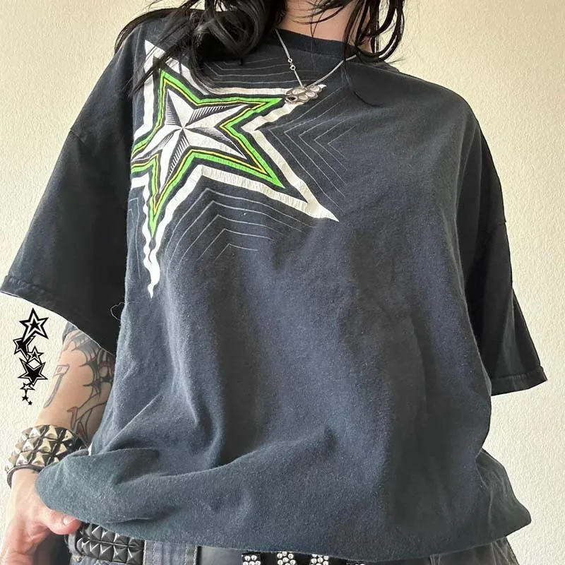 2000s Retro Aesthetic Baggy Tops Y2K Emo Star Graphic Oversized T-shirt Japanese Cyber Grunge Short Sleeve Loose Women Men Tees