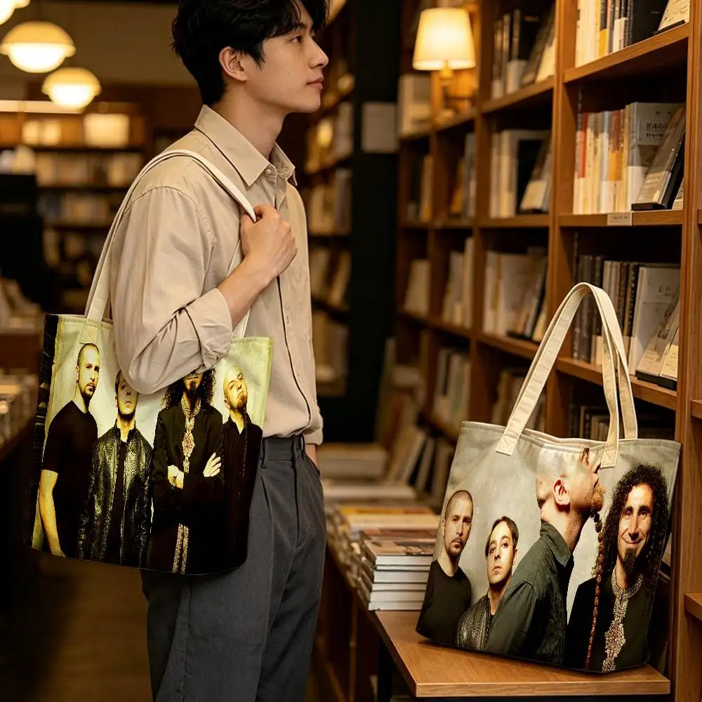 S-System O-of A D-Down Band Reusable Shoulder Handbag Linen Blend Cotton‑Polyester Fabric Double‑Sided Tote Bag Storage Bag