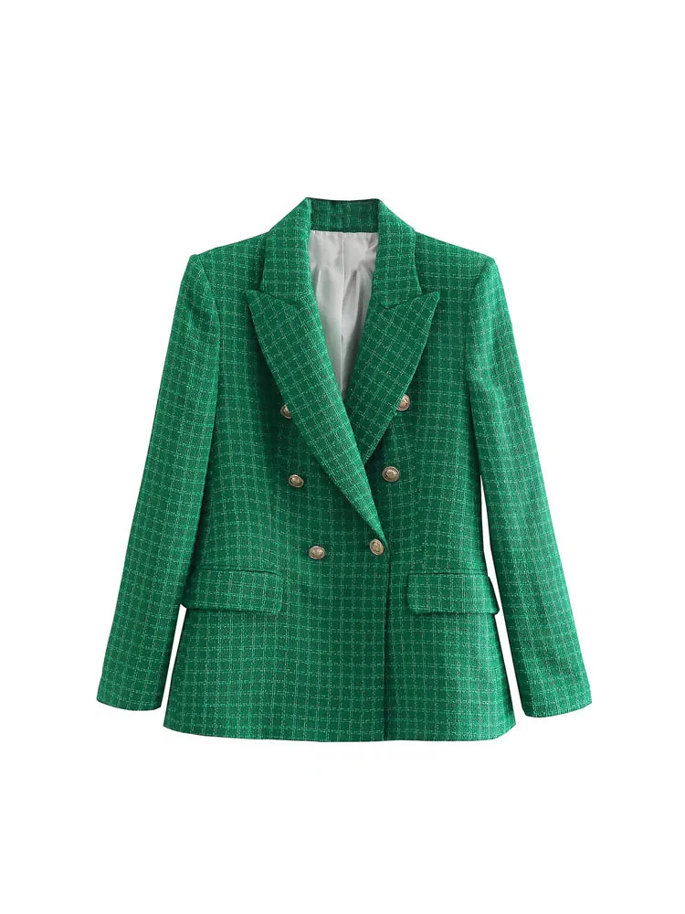 2023 Spring Women Casual Blazers Coats Plaid Veins Double Breasted Slim Female Elegant Office Lady Blazer Outerwear