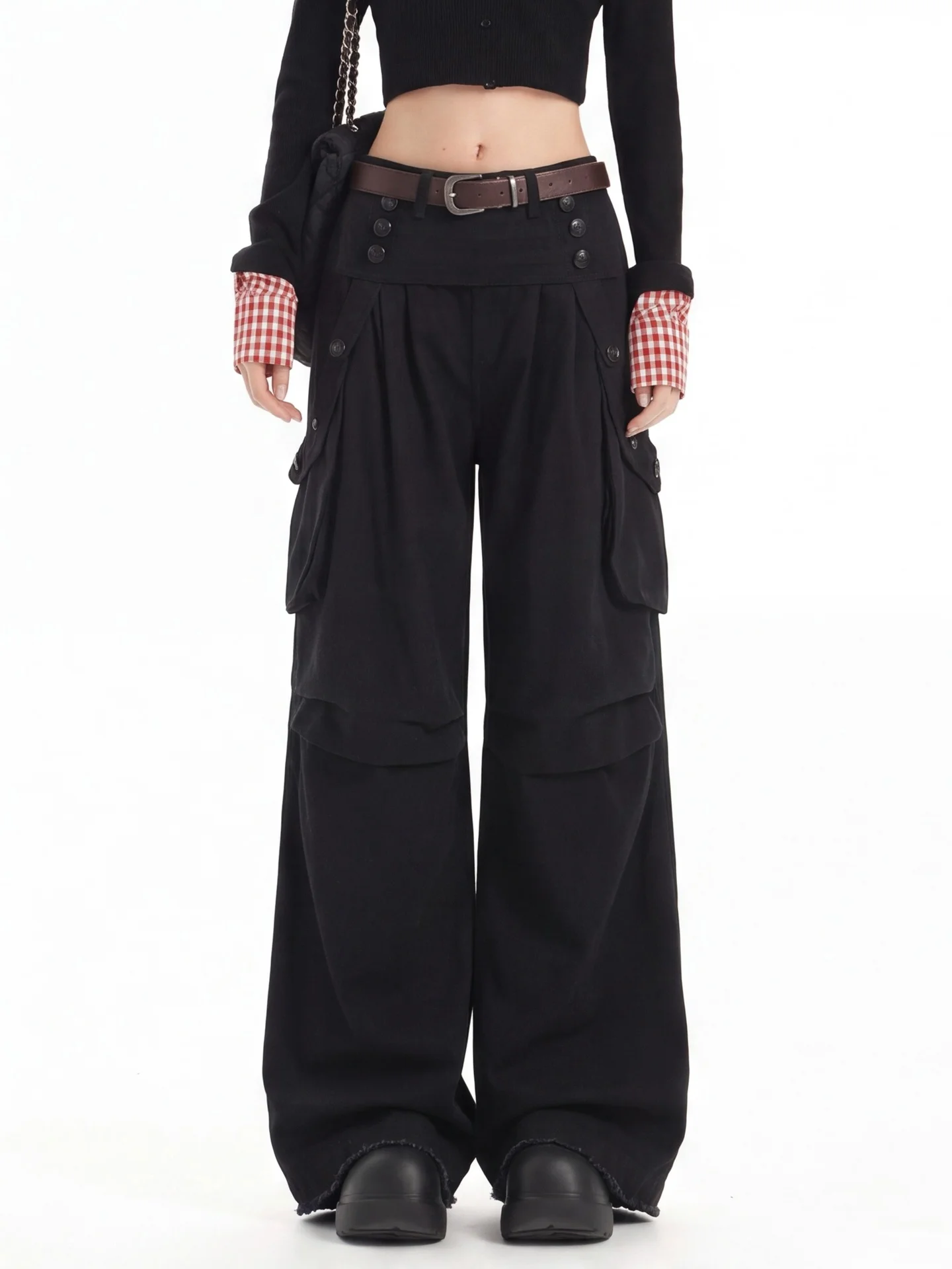 Black Wide Leg Pants Women's Loose Casual Trousers American Style Workwear Multiple Pockets Design Sensation High Waist Cotton