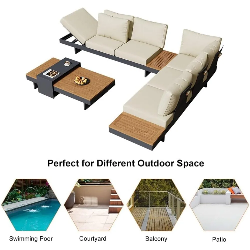 6 Piece Aluminum & Teak Outdoor Sofa Set, Patio Sofa Seat L-Shaped Outdoor Sectional Sofa Set with Adjustable Backrests,