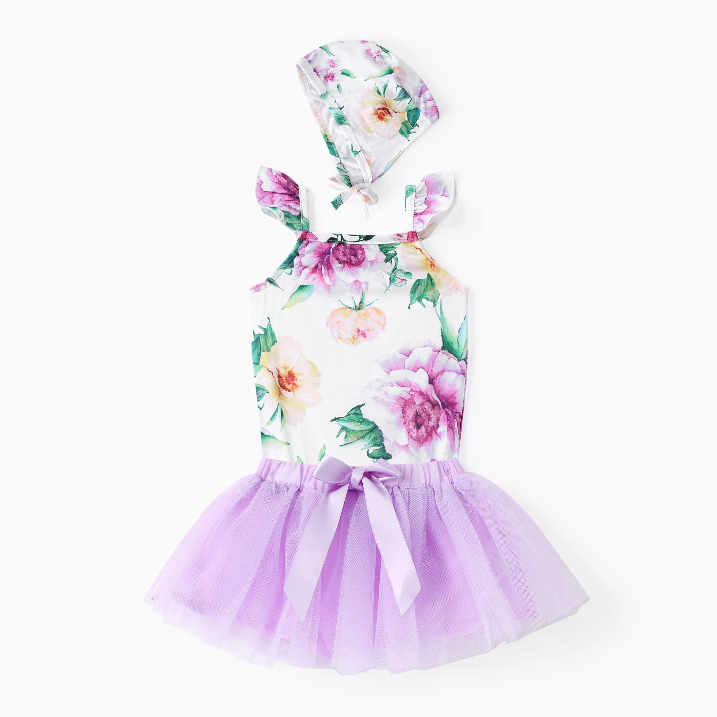 

Baby Girl 3pcs Floral Print Romper and Mesh Skirt and Hat Set