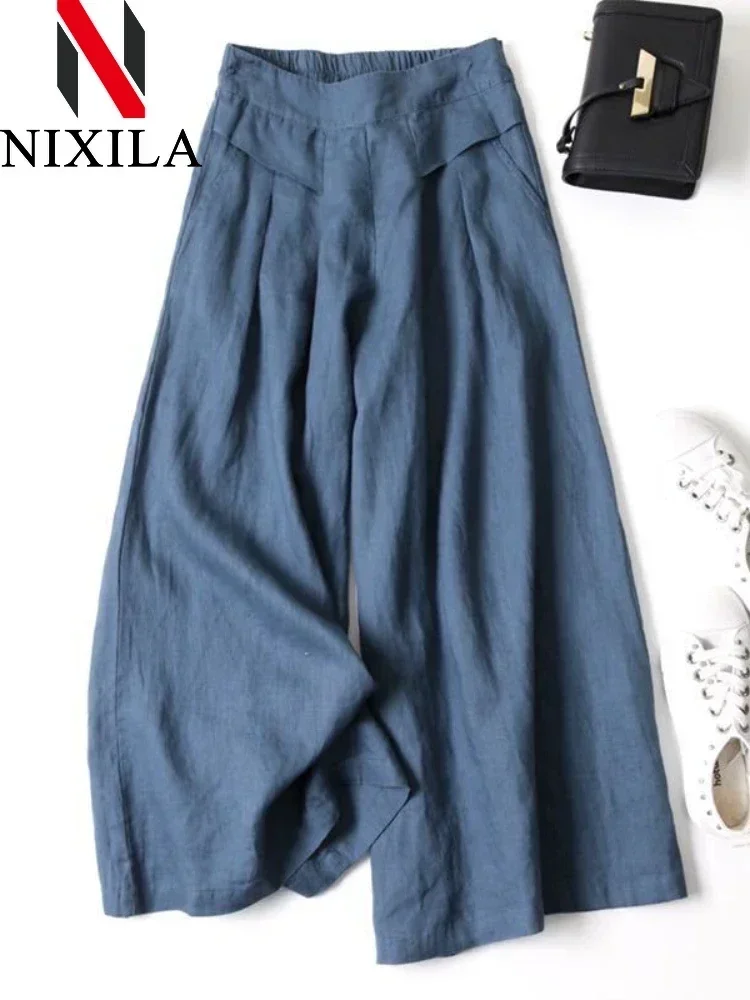 Women's Wide-leg Cotton Linen Pants Spring Autumn Leisure Fashion Knitted Formal Streetwear Elegant Loose Fit Casual Trousers