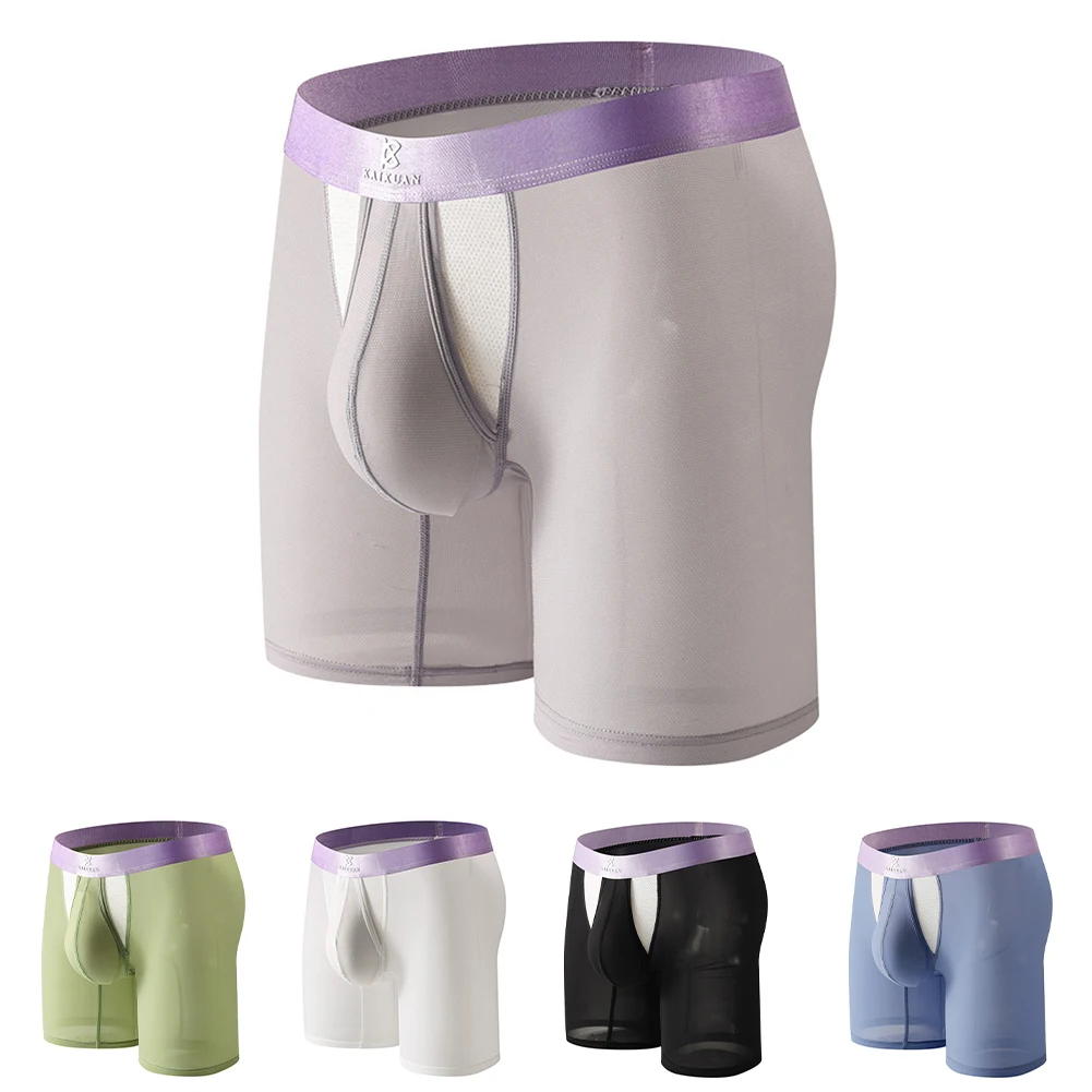 

Men Underwear Ice Silk Long Leg Boxers Shorts Sports Mesh Separate Pouch Boxers Trunks Breathable Underpant