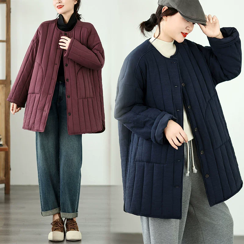 Retro Quilted Cotton Jacket Autumn Winter Thick Warm Casual Loose Long-Length Warmth Outerwear Mid-Length Temperament Clothing j