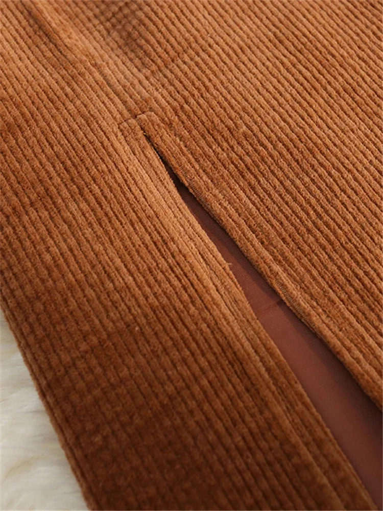 Autumn Winter Corduroy Women\'s Skirts with Belted 2023 New High Waist Straight Classic Front Split Skirts Ladies Female