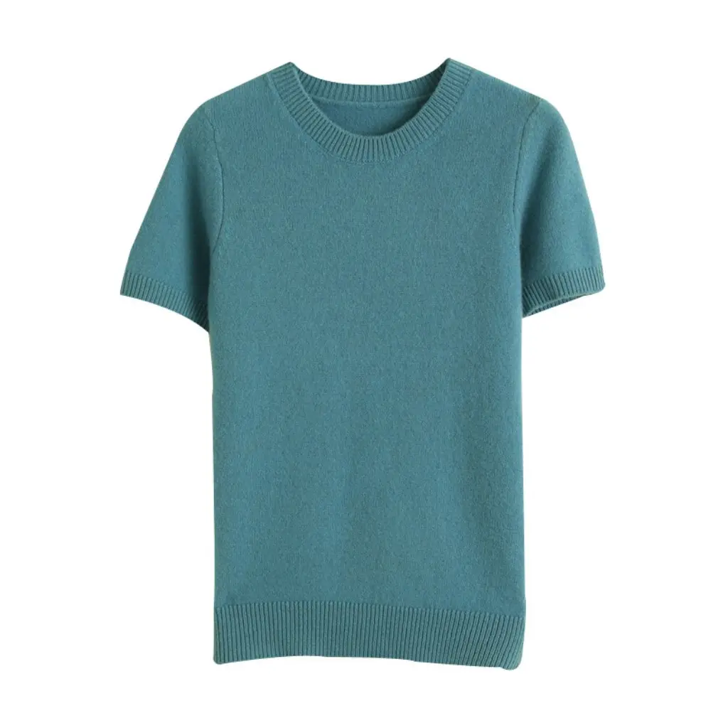 

Spring Thin Women's Knitted Short-Sleeved T-shirt round Neck Solid Color Base Layer Top Loose Fit Autumn Short Inner Shirt