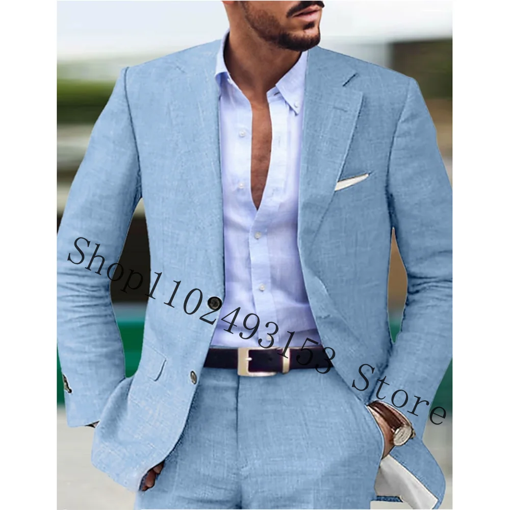 Blue Men\'s Linen Suit 2 Piece Set Casual Slim Fit Men Suits Groomsmen Tuxedos Wedding Blazer Pants Costume Homme Mariage