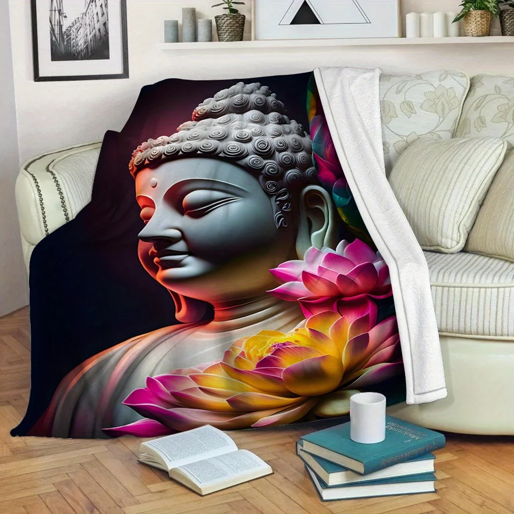 Elegant Buddha statue pattern Flannel printed blanket suitable for all seasons suitable for living room office sofa and travel