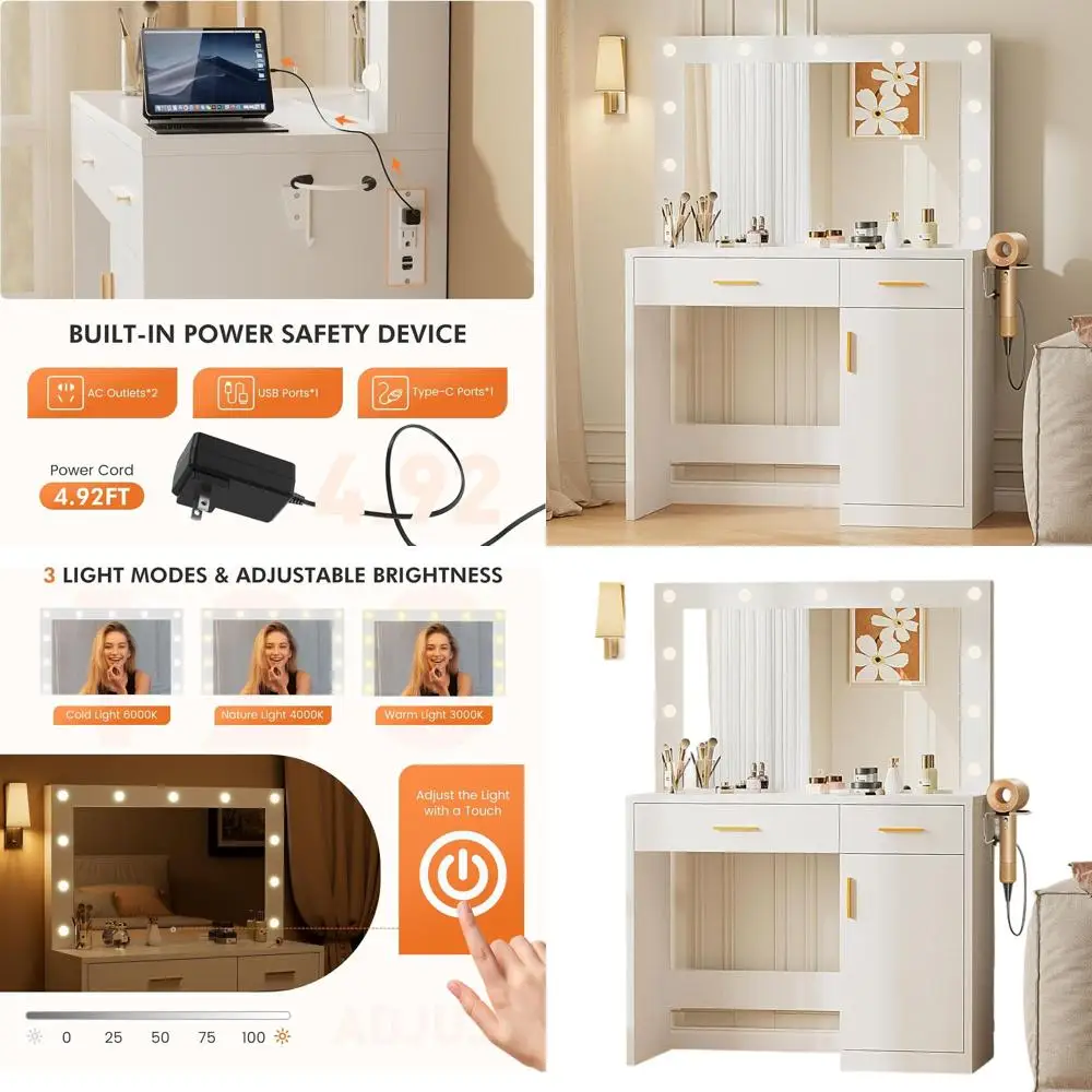 LED-verlicht make-up-ijdelheidsbureau met opbergruimte, instelbare helderheid, 3 verlichtingsmodi, witte kaptafel voor dames- en meisjesbed