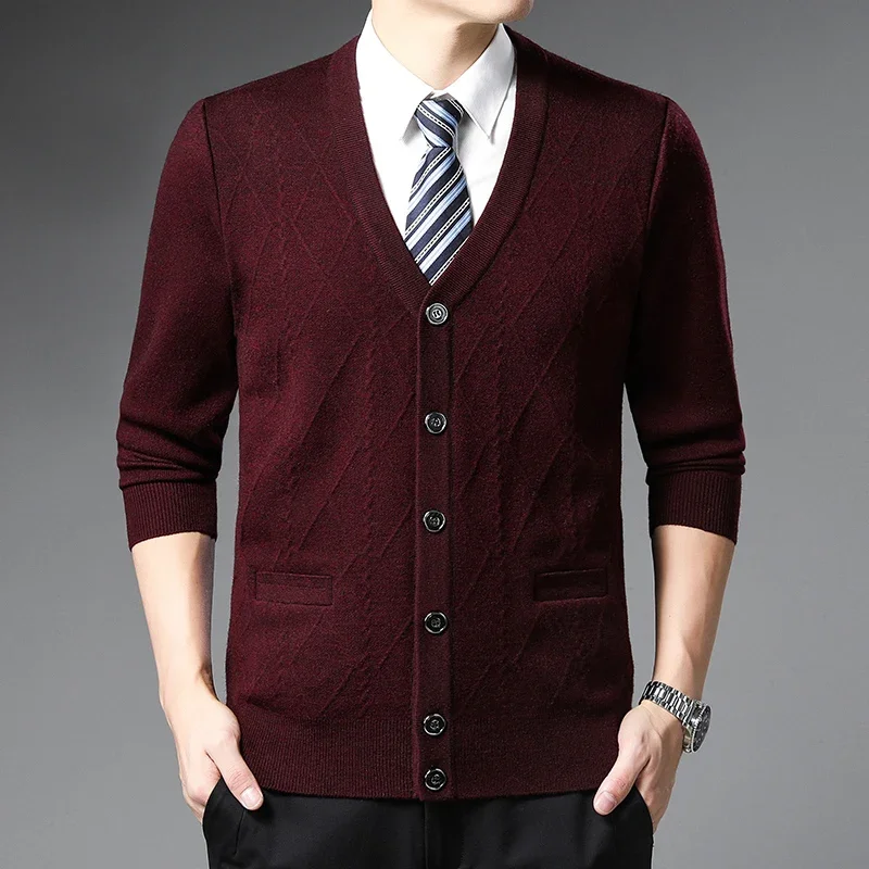 New Autumn Men\'s Cardigan Plaid Fashion Business Casual Knitted Sweater Warm V-neck Sweater Male Tops